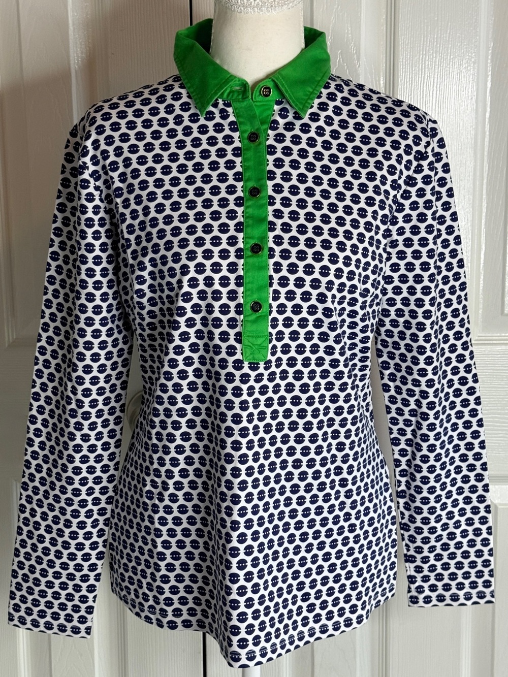 J. McLaughlin Catalina Cloth Polo M Navy Circle Print Green Trim EUC